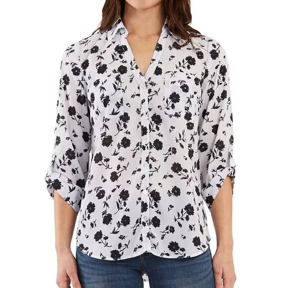 BCX Size L White with Black Floral Print Button Front Blouse, Exc. Used Cond. - Picture 2 of 15